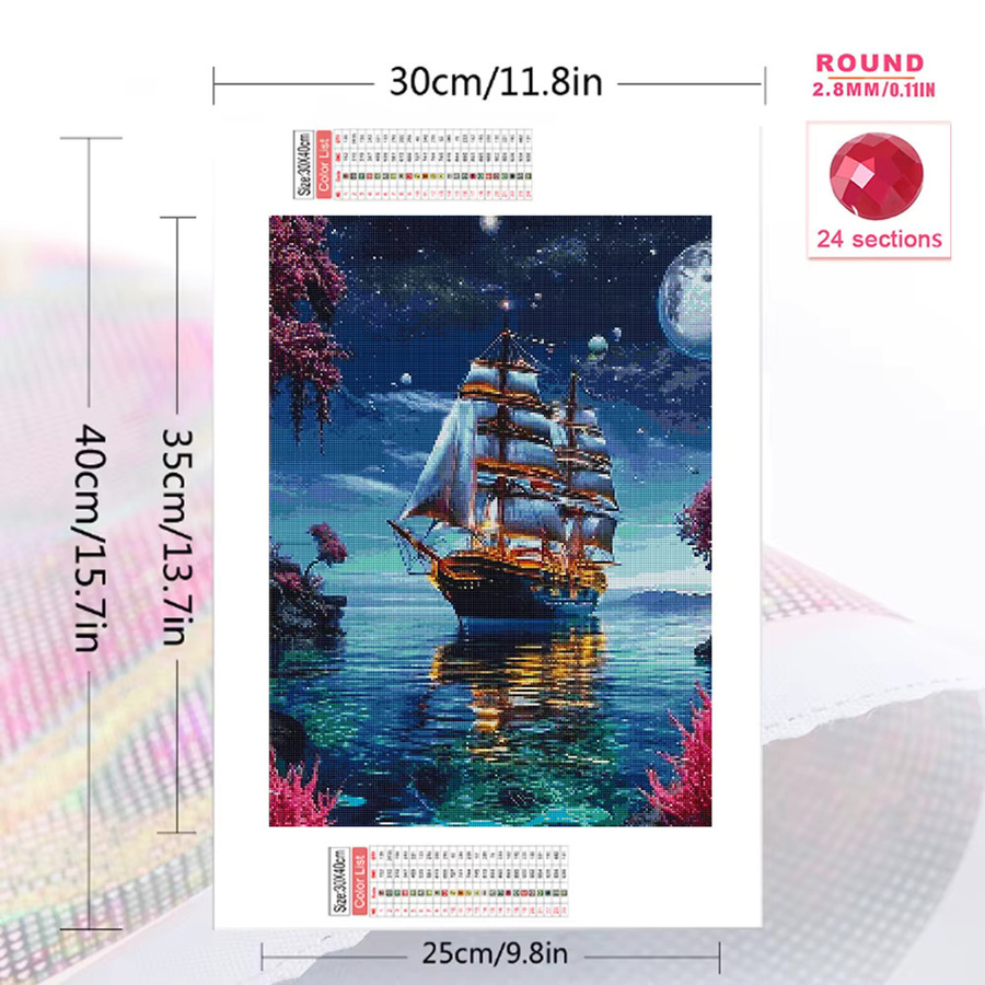 Momoart 5D DIY Diamant Mosaik Set Schiff Landschaft als Kreuzstich Kit in Mehrfarbig mit runden Steinen - Bild 2