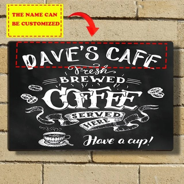Personalisierbares Kaffeebar-Metallschild von CIFBUY im rustikalen Stil, schwarze Wanddekoration mit individuellem Namen und Text - Bild 1