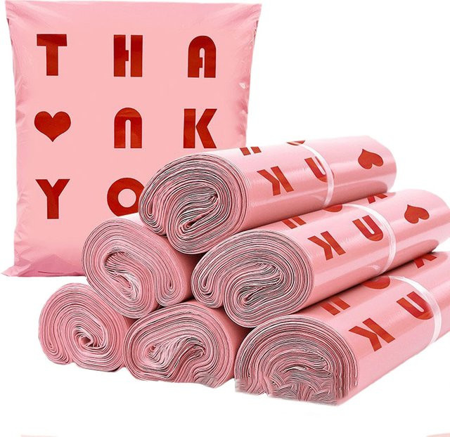 Relchoor 50 Stück PE-Versandtaschen mit DANKE Herzmuster in Pink, wasserdichte selbstklebende Versandbeutel aus Kunststoff - Bild 1