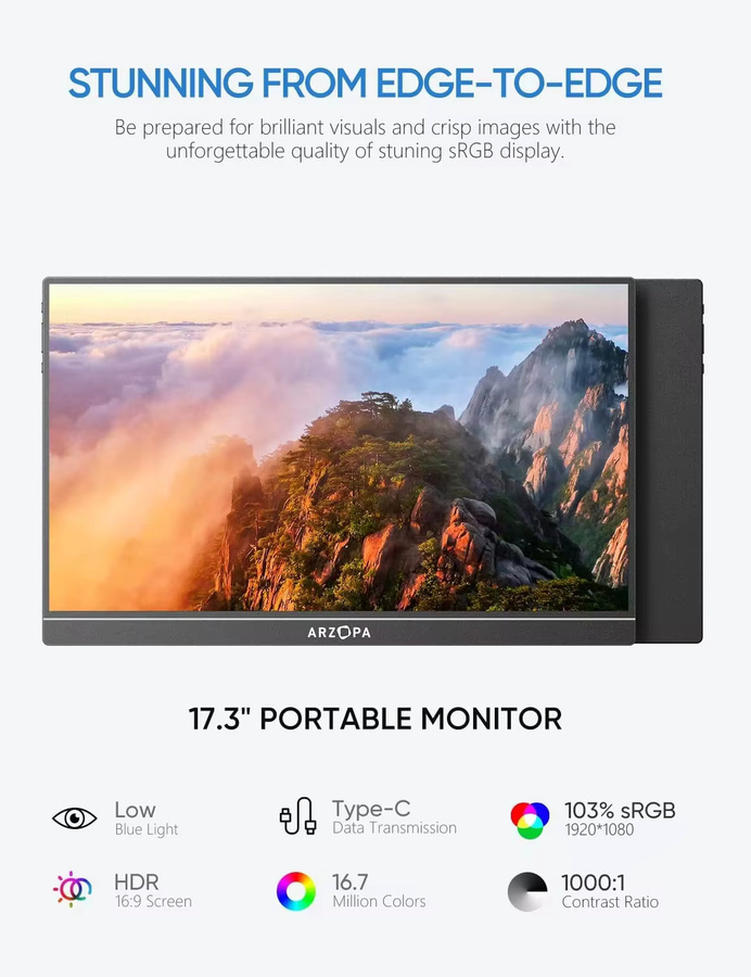 ARZOPA Tragbarer Monitor A1M, 17,3 Zoll Full HD IPS-Bildschirm, Schwarz, mit USB-C und Mini-HDMI für Laptop, Mac, PC, Xbox und Switch - Bild 2