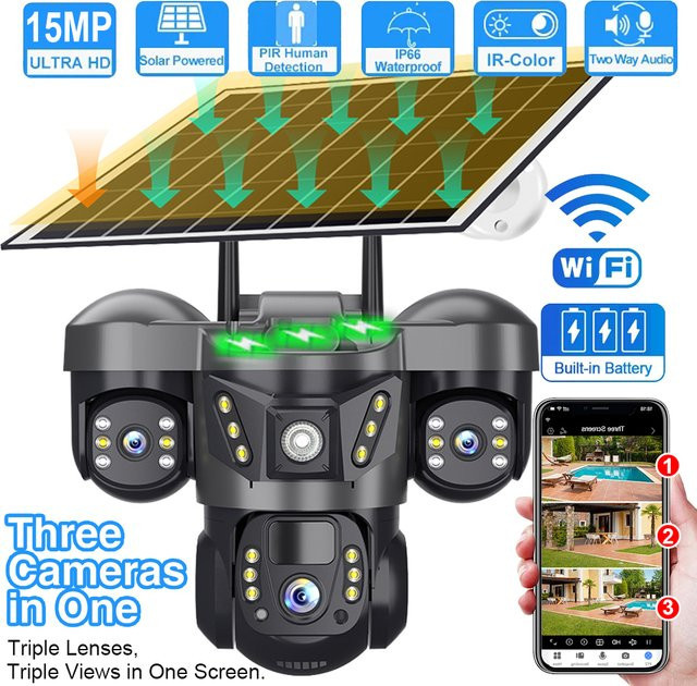 V380 Pro Triple Linsen WiFi Solar Kamera mit PIR Menschlicher Erkennung, Wasserdichte CCTV Sicherheitskamera mit Nachtsicht in Schwarz - Bild 1