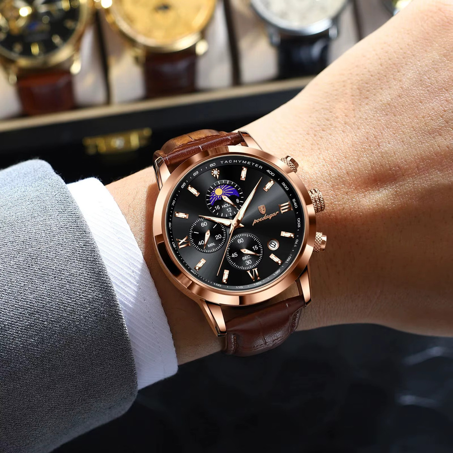 POEDAGAR Armbanduhr Chronograph, Quarz, Leder, Schwarz, Roségold, Herren - Bild 5