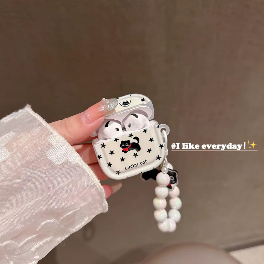 Kreative AirPods Hülle mit schwarzer Katze, Sternen und Perlen als Lanyard-Schutz für Apple AirPods 4, 3, 1, 2 und Pro 2 in Schwarz und Weiß - Bild 2