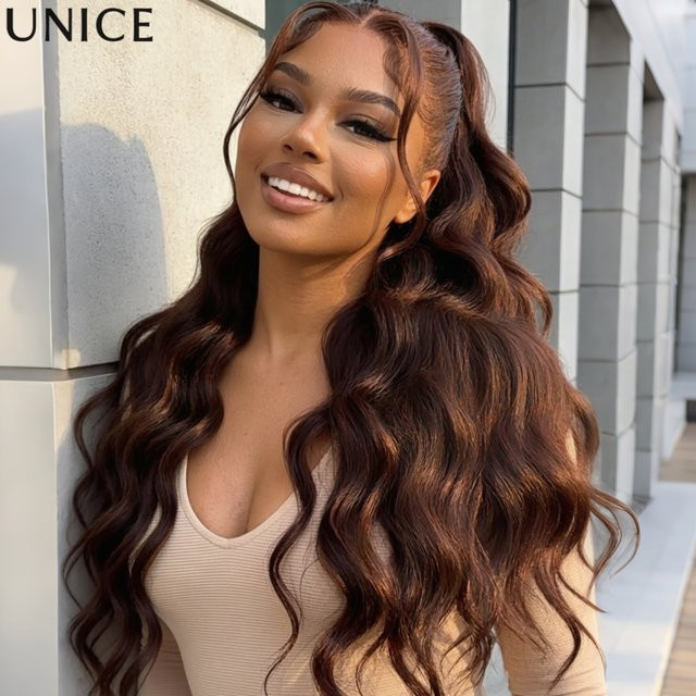 UNice Lace Wig Loose Wave Echthaarperücke, Auburn/Rotbraun, 150 % Dichte - Bild 1