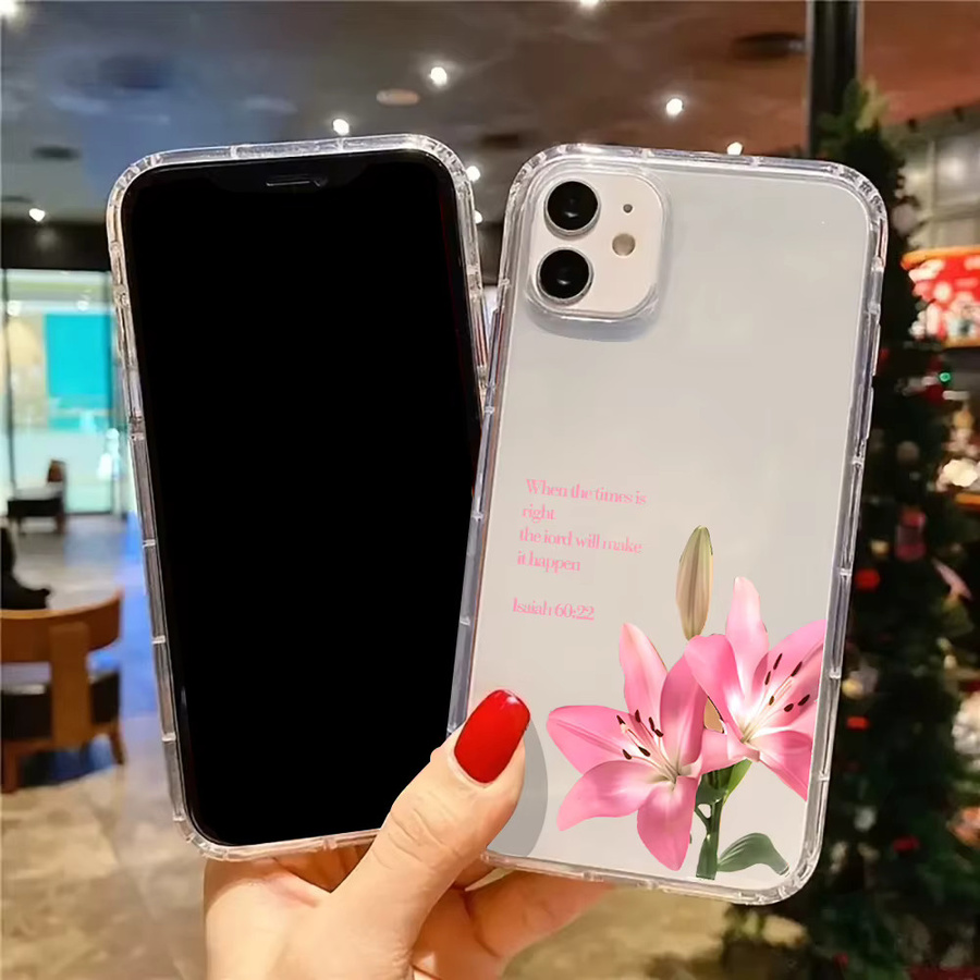 Transparente Silikon-Handyhülle mit rosa Lilien- und Bibelvers-Muster für iPhone 11 bis iPhone 17 Pro Max und weitere Modelle - Bild 4