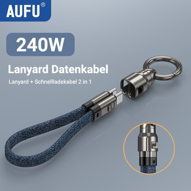 AUFU PD240W USB-C zu USB-C Ladekabel mit Zink-Legierung Kopf und Lanyard, 2 in 1 Schnellladekabel für dein iPhone, Schwarz oder Blau - Bild 1