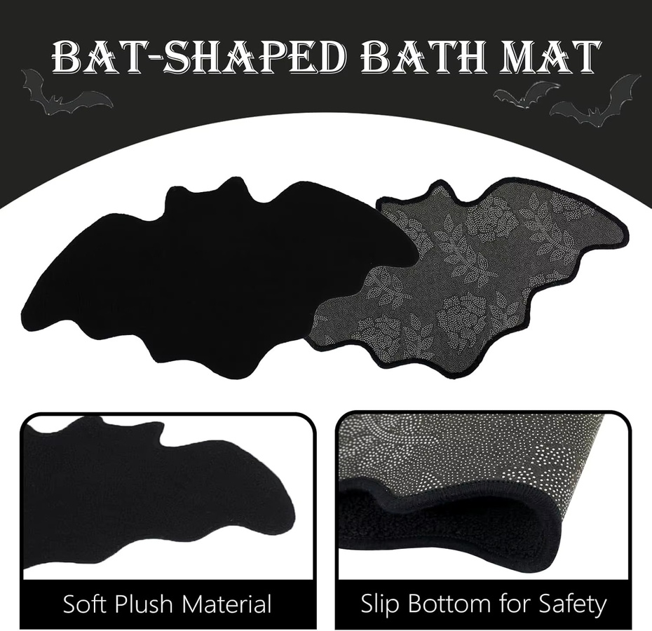 VIKAMA Fledermaus Badezimmer-Fußmatte in Schwarz, rutschfest und weich für Halloween oder Gothic-Dekoration, B/T: 60 x 40 cm - Bild 2