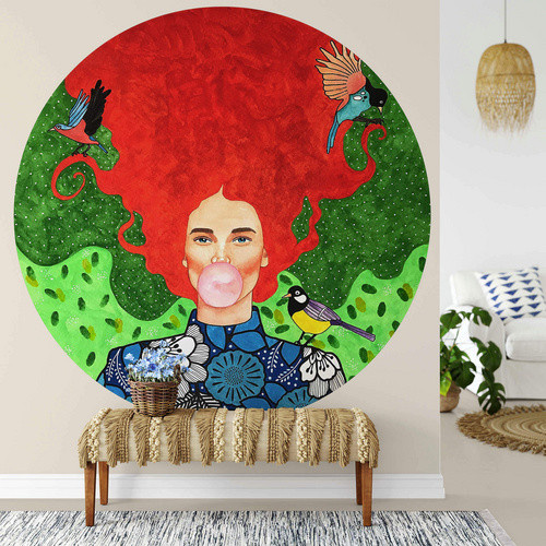 K&L Wall Art Runde Vliestapete Hülya Rote Zorae Frau, mehrfarbig, matt, B/H: 236 x 236 cm - Bild 3