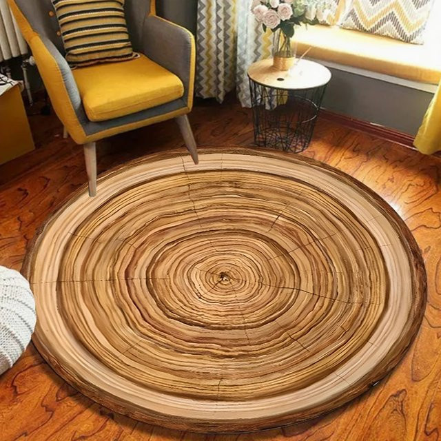 VIKAMA Runder Teppich in Holzoptik mit Baumstumpf-Design, Rutschfest und Weich, Braun, Rustikaler Stil für dein Wohnzimmer - Bild 1