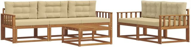 vidaXL Outdoor-Sofagarnitur 6-teilig aus Akazienholz in L-Form mit Kissen, Natur und Beige - Bild 1