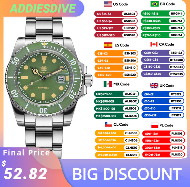 Addiesdive Armbanduhr, Quarz, Edelstahl, 41 mm, Herren, Schwarz - Bild 1