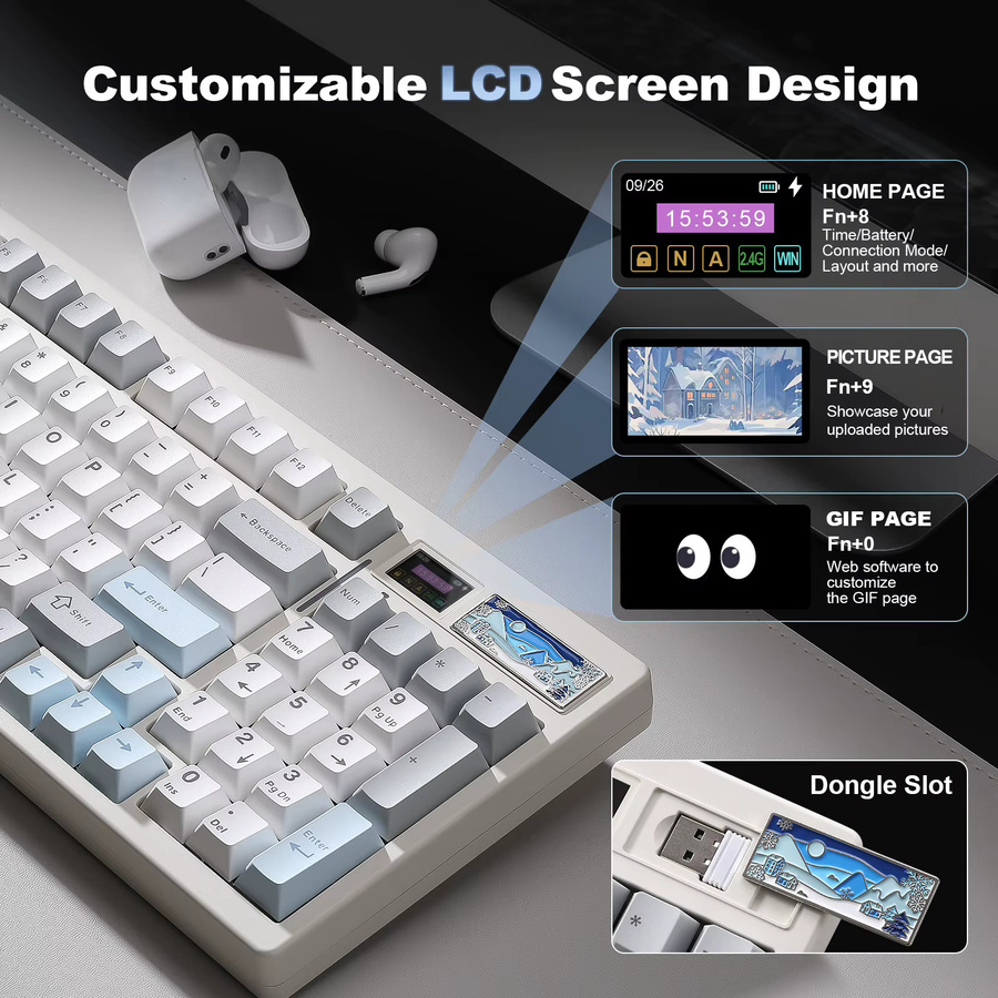 YUNZII IF99 Mechanische Gaming-Tastatur in Weiß mit intelligentem LCD-Display, kabellos via Bluetooth oder Wi-Fi, QMK/VIA Custom Gasket Hot Swap RGB 96 % Layout - Bild 3