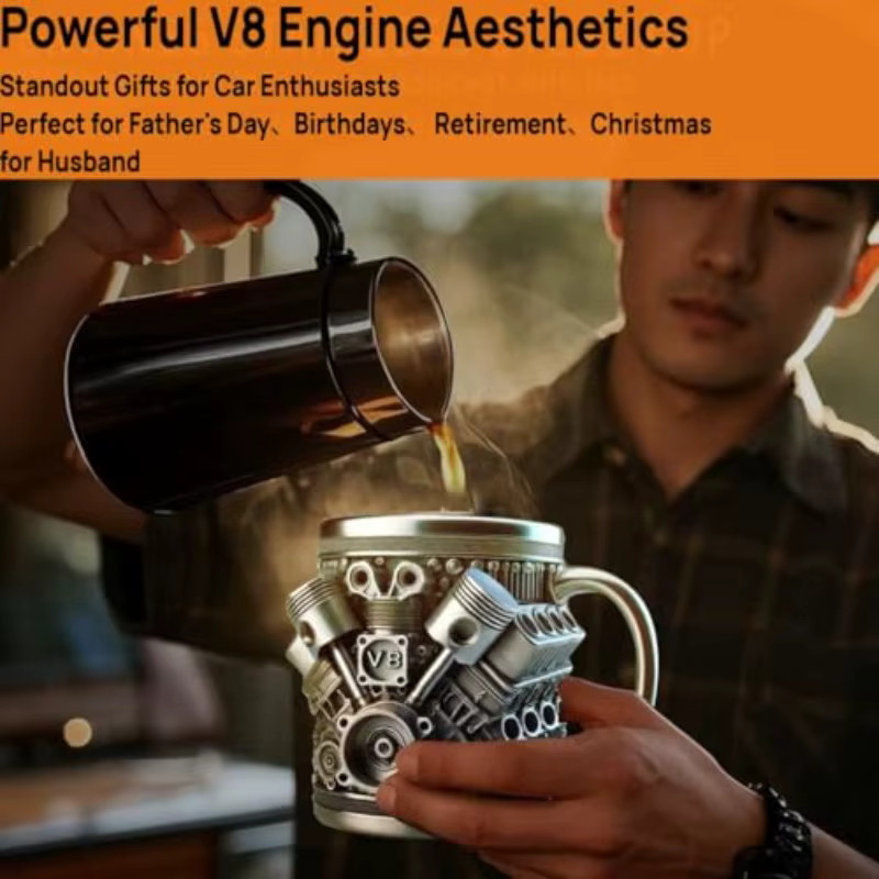 XMSJ 3D V8 V6 Motor Kaffeebecher aus Edelstahl in Silber, isolierter Becher für Mechaniker und Auto-Liebhaber - Bild 5