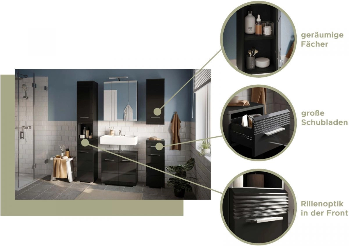 Inn.Furn Badmöbel Set Leon 2-teilig Schwarz Hochglanz mit Waschtischunterschrank und Spiegelschrank B: 60 cm, H: 182 cm, T: 34 cm - Bild 3