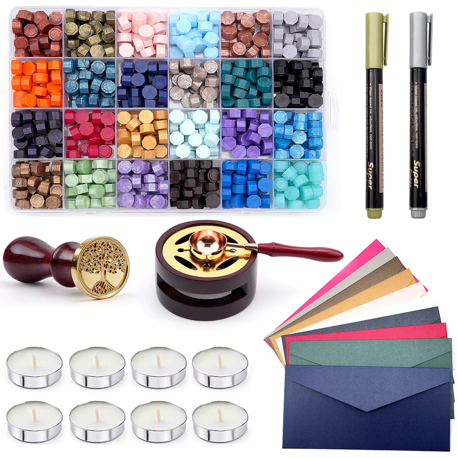 624-teiliges Wachssiegel-Set mit 24 Farben Siegelwachsperlen, Wachsstempeln aus Holz, Wärmer, Kerzen und Umschlägen in Multicolor - Bild 2