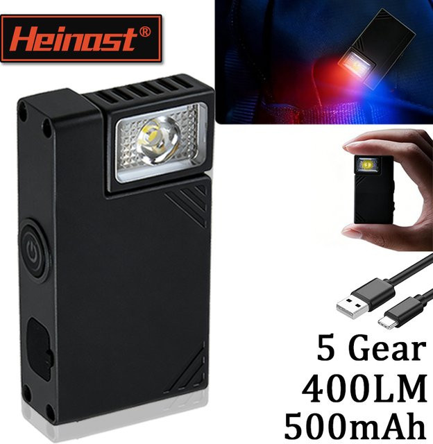 Heinast Mini-EDC-Taschenlampe aus Aluminium mit USB-Ladefunktion, drehbarem Kopf, Stiftclip und roter sowie blauer Notbeleuchtung in Schwarz - Bild 1