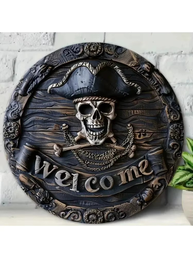 CIFBUY Rustikales Halloween Willkommensschild mit Piratenschädel als runde Wanddekoration für deine Party - Bild 3