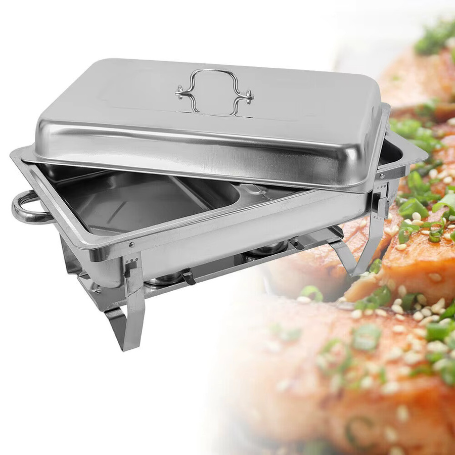 Bymaocar Edelstahl Chafing Dish in Silber mit faltbarem Rahmen, 2 Lebensmittelpfannen und Kraftstoffheizung für Buffet und Bankett, Volumen: 7,5 l - Bild 2