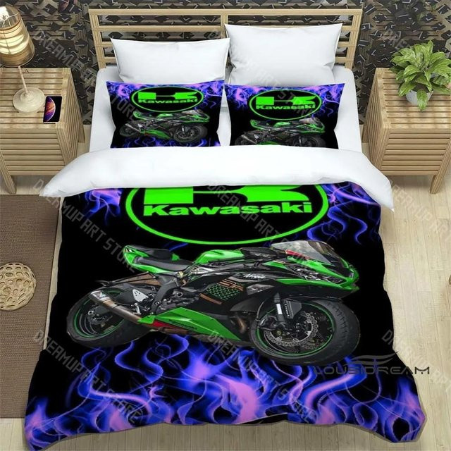 Bettwäscheset Kawasaki Motorrad Logo mit 3D Retro Druck, Multicolor, Material Mikrofaser und Polyester, B/H: 140 x 210 cm - Bild 1