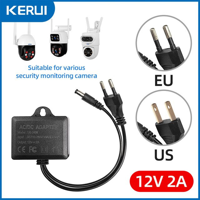 KERUI AC/DC 12V 2A CCTV Kamera Netzteil Wasserdicht Outdoor mit EU und US Stecker in Schwarz - Bild 1
