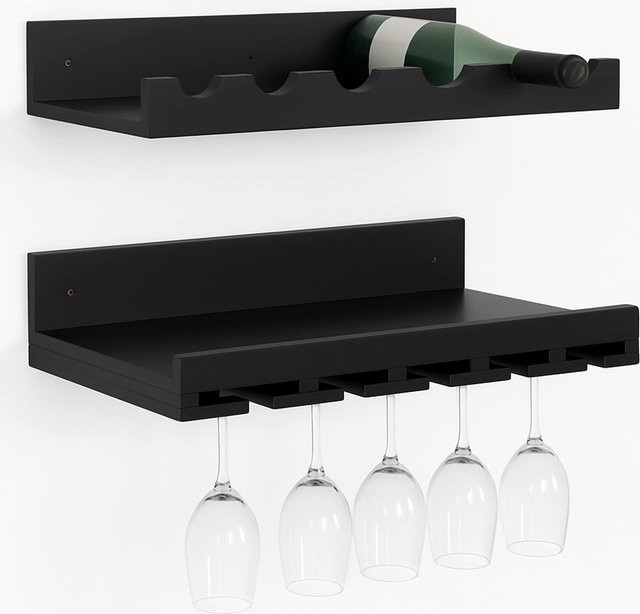 MCW 2er-Set Weinregal P22 Wandbar aus Kiefernholz in Schwarz für 6 Flaschen und 15 Gläser B: 61 cm, H: 28 cm - Bild 1