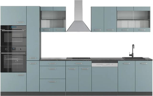 Vicco R-Line Küchenzeile Blau-Grau/Anthrazit mit Hochschrank, Breite: 350 cm - Bild 1