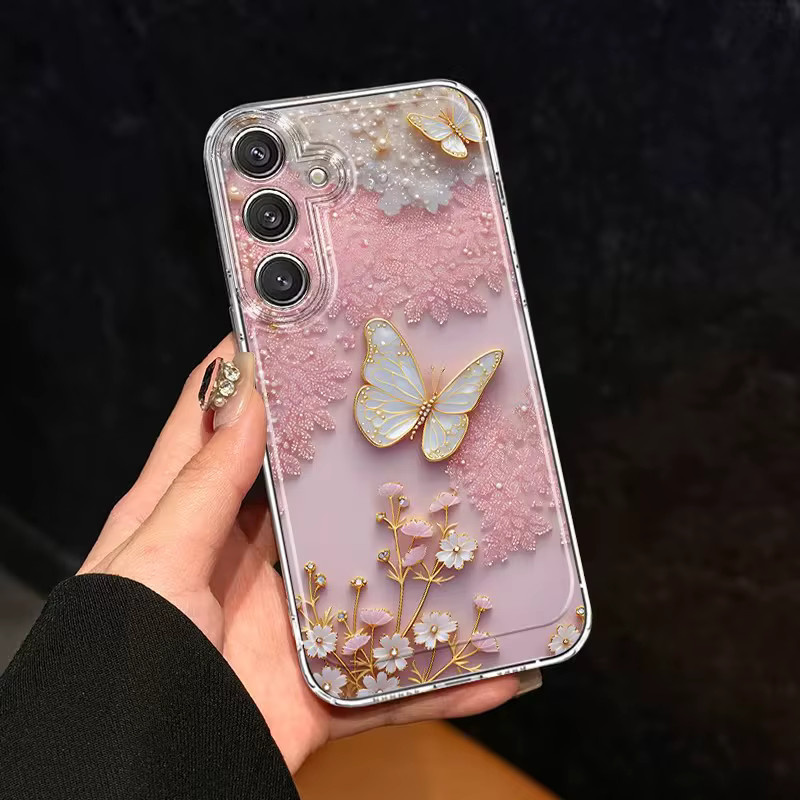 Rosa Handyhülle mit Spitze und Schmetterling für Samsung Galaxy S25 S24 S23 S22 A55 A54 A36 A35 A16 A15 A06 FE Ultra Plus Cover - Bild 2