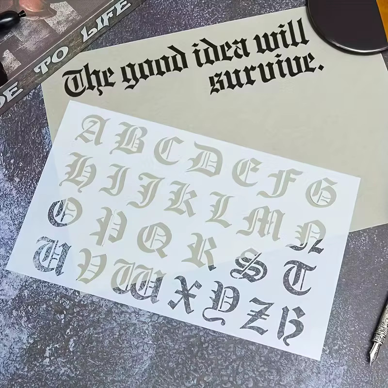 6er-Pack Gothic-Kalligraphie-Schablonen aus Kunststoff in Weiß für DIY-Malerei und Scrapbooking mit alten englischen Buchstaben und Zahlen - Bild 3