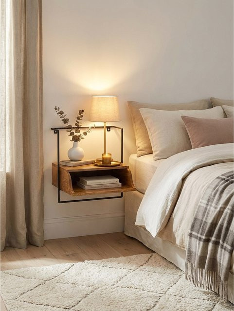 Nachtkonsole KADIMA DESIGN aus Mango Massivholz in Braun im Industrial-Style, Wandmontage mit Ablage, B: 44 cm, T: 45 cm, H: 35 cm - Bild 1
