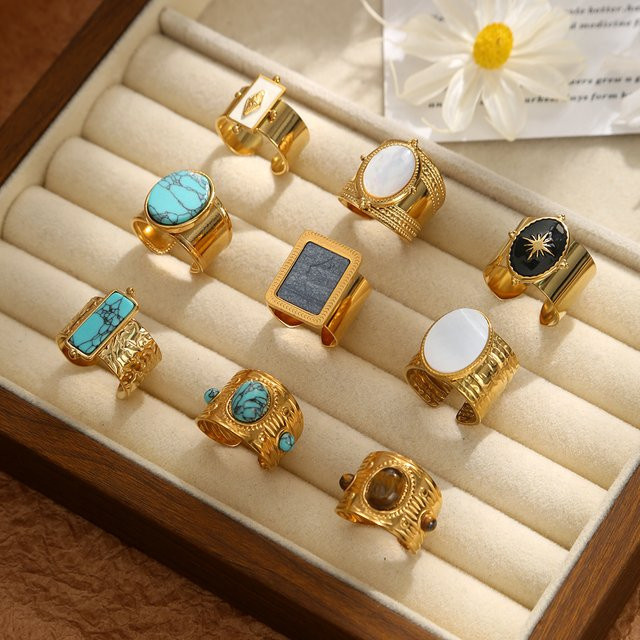 Jolivie Ringe Edelstahl, vergoldet, Naturstein, Damen, Vintage-Stil - Bild 1