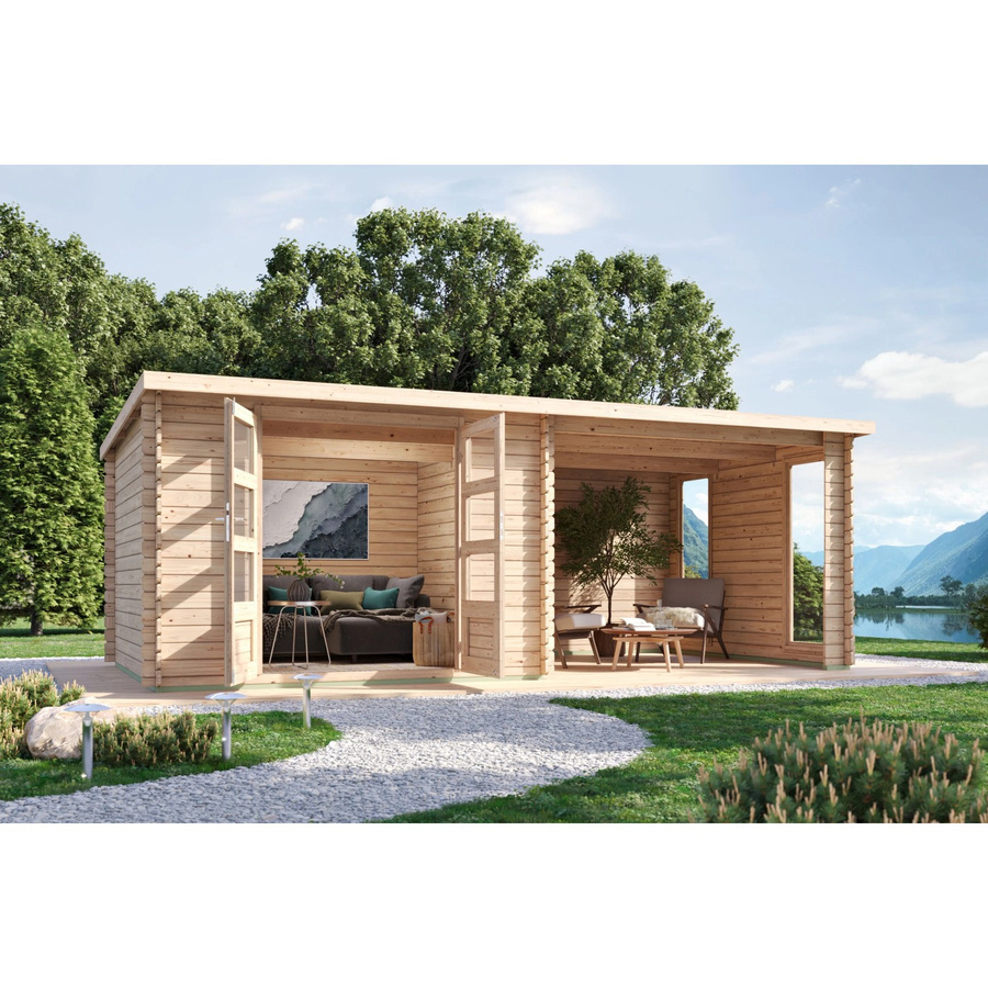 Karibu Gartenhaus Dortmund Set aus Fichten-Massivholz mit Anbaudach und Terrasse in Braun mit Pultdach und Blockbohlenbauweise - Bild 2