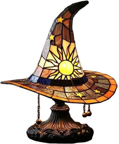 Aunel Hexenhut Tischlampe aus Buntglas und Harz in Gelb und Multicolour für Halloween und Schlafzimmer - Bild 1