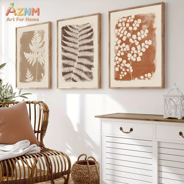 Potdemiel 3er Set Boho Abstrakte Farn Leinwanddrucke in Beige als minimalistische botanische Wandkunst - Bild 1