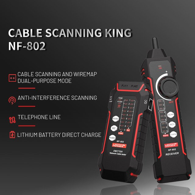 NOYAFA NF-802 Multifunktions-Kabeltester und Tracker für RJ11 RJ45 Cat5 Cat6 LAN Ethernet und Telefonkabel mit PoE-Test in Schwarz - Bild 1