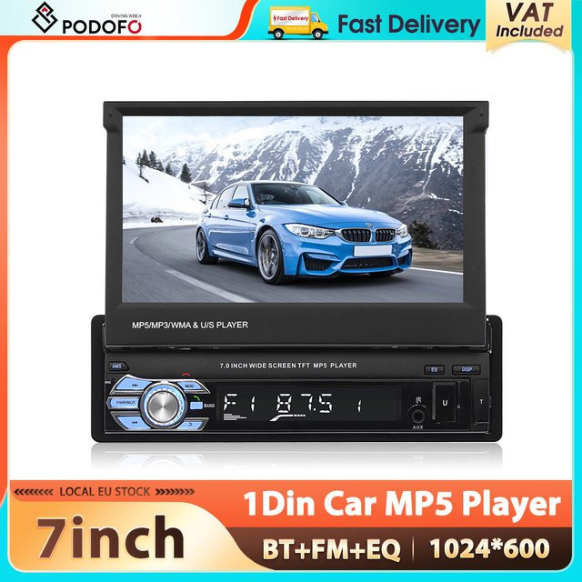 Podofo 1Din Autoradio mit 7 Zoll HD ausziehbarem Touchscreen, Mirror Link, Bluetooth, Multimedia-Player, MP5, USB, AUX und FM in Schwarz - Bild 1