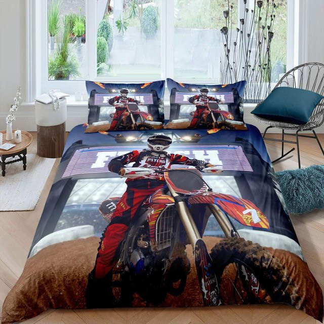 Flylo Motorrad-Print Bettwäsche-Set mit Kissenbezügen, 3D Motocross Kinder Bettwäsche aus Mikrofaser, Mehrfarbig, Breite: 70 cm, Länge: 133 cm - Bild 1