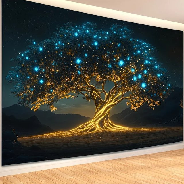 VIKAMA Wandteppich mit magischem leuchtendem Baum und goldenem Stamm in Gold und Multicolour als abstrakte Wanddekoration für dein Wohnzimmer oder Sofa - Bild 1