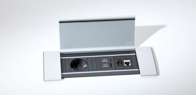 Schäfer Shop Genius Konferenztisch MODENA FLEX in Eiche-Dekor und Weißalu, Boot-Form mit T-Fuß Rechteckrohr und 3-fach Anschluss, höhenverstellbar, B: 200 cm, T: 100 cm/80 cm, H: 65 cm - 85 cm - Bild 1