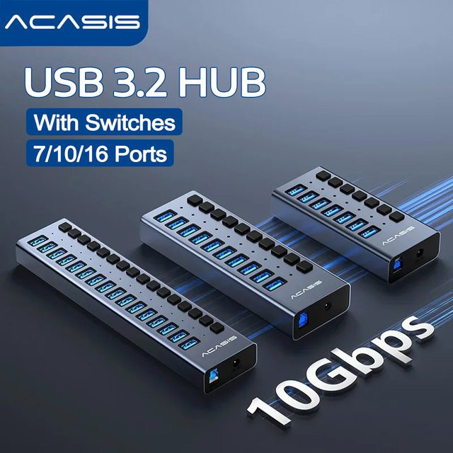 Acasis USB 3.2 Hub mit 16 Anschlüssen in Grau, 10Gbps USB-A und USB-C Splitter aus Aluminium mit Einzelschalter und Stromversorgung für PC und Laptop - Bild 1