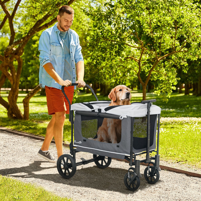 PawHut Hundewagen und Katzenbuggy klappbar Dunkelgrau für Hunde und Katzen bis 30 kg mit Kissen, Netzfenstern und Aufbewahrungstasche - Bild 2