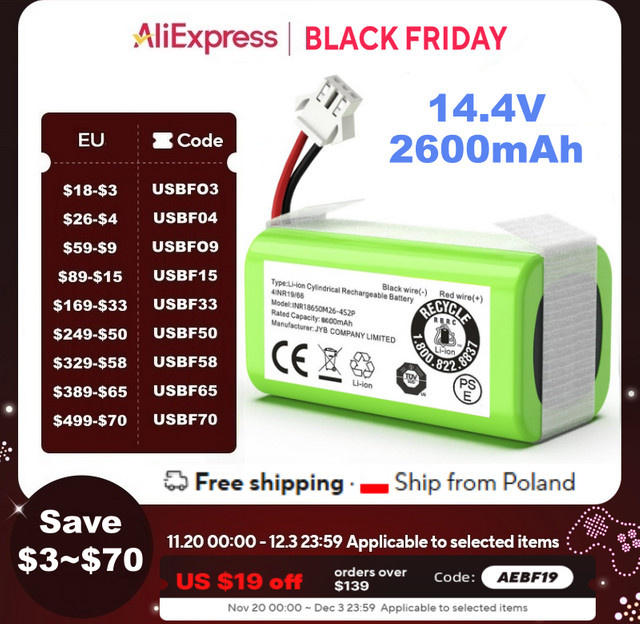 Aleaivy Ersatzakku 14,4V 2600mAh kompatibel mit Ecovacs Deebot N79S N79 DN622 500 und Eufy RoboVac 11 11S MAX 11C 12 15C 15CMAX 15T 15MAX 25C 30C 30 35C G30 G32PRO G10 Hybrid - Bild 1