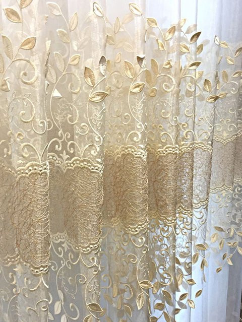 ZJBYZHOUSEHOLD Gaze Vorhang mit floraler Stickerei in Gold und Transparent, Gestickte Blatt-Muster Fensterdekoration für Wohnzimmer und Schlafzimmer - Bild 1