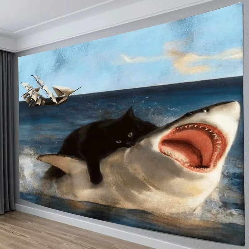 VIKAMA Wandteppich mit schwarzem Katzenhai-Muster in Schwarz und Multicolour, Wandbehang für dein Wohnzimmer oder Schlafzimmer, Breite: 100 cm, Höhe: 70 cm - Bild 2