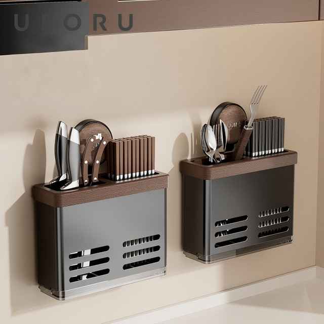 UFORU Wandmontierter Küchenmesser- und Utensilienhalter in Braun mit Retro-Holzmaserung und abnehmbarem Organizer-Ständer - Bild 1