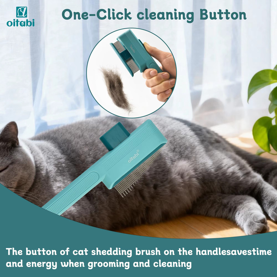 Oitabi Haustierkamm für Katzen und Hunde mit Entriegelungsknopf und runden Zähnen, selbstreinigende Pflegebürste, Farbe: Turquoise, B/T/H: 19,0 x 7,0 x 0 cm - Bild 2