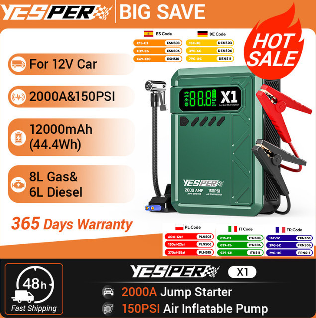 YESPER 2-in-1 Starthilfe und Luftkompressor 2000A, 150PSI tragbarer Notfall-Booster für 12V Auto, SUV und LKW, Farbe: Grün - Bild 1