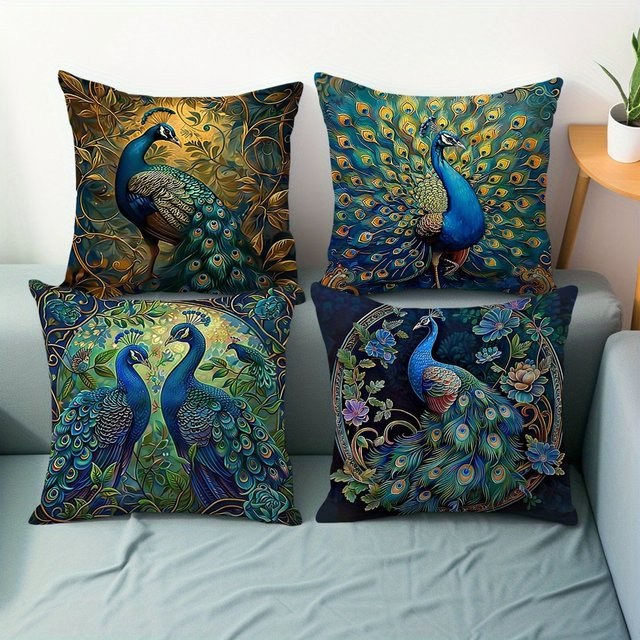VIKAMA 4-teiliges Luxus-Pfau-Kissen-Set in Gold, Grün und Blau mit Federfüllung - Bild 1