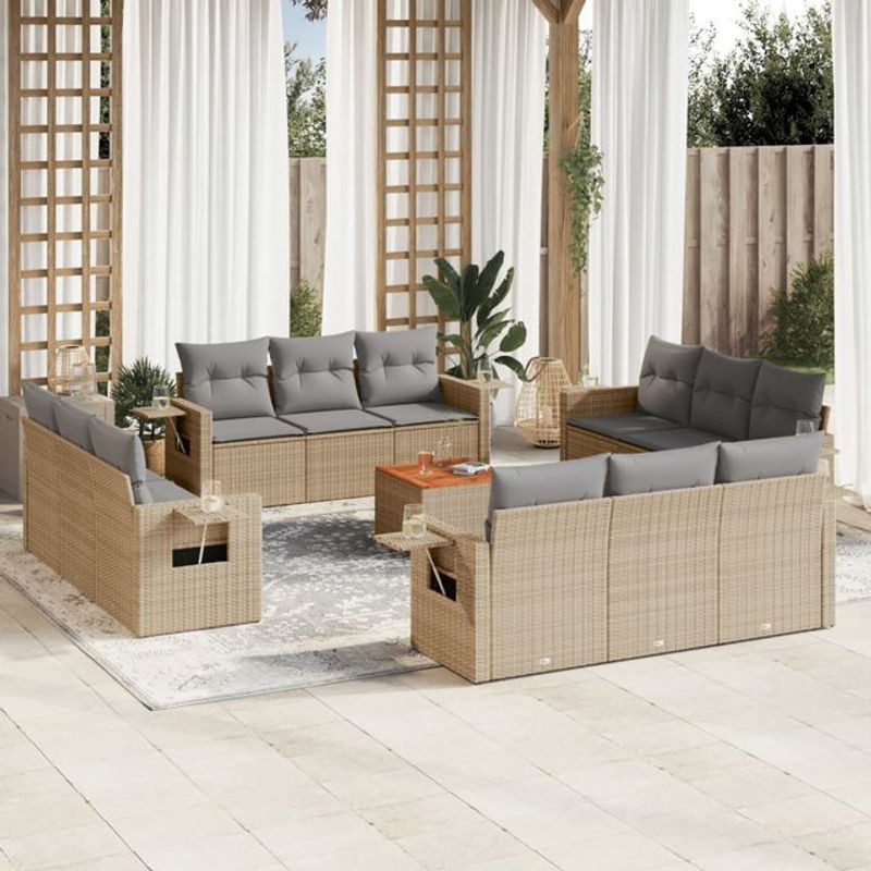 Vidaxl Gartenmöbel-Set aus Rattan und Holz mit Kissen, 13-teilig, Beige und Grau - Bild 1