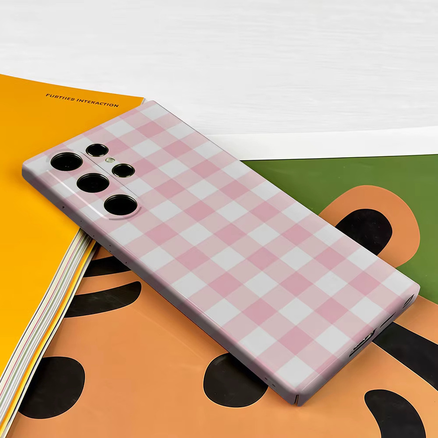 Aurbe Handyhülle für Samsung Galaxy S26 S25 S24 S23 Ultra Plus HD Hartplastik in Rosa und Weiß Gingham Doppelschicht-Folienhülle - Bild 2