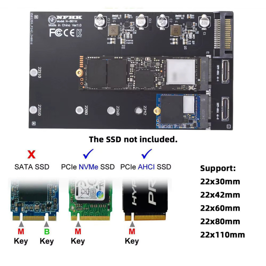 MANDERUILT Oculink auf Dual M.2 NVMe NGFF M-Key PCIe SSD Adapter für Mainboard, Schwarz - Bild 3